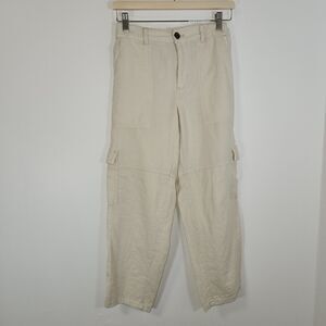 PILCRO Anthropologie Soft Linen Blend Wide Leg Cropped Cargo Ivory Pant XSMALL